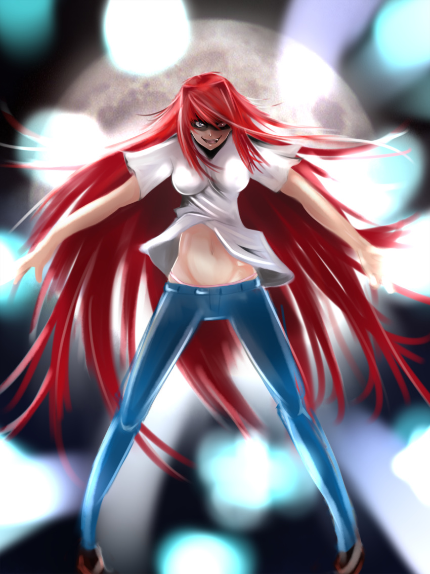 aozaki_aoko bad_id bad_pixiv_id black_maria denim female full_moon groin highres impossible_clothes jeans legs_apart long_hair melty_blood moon navel oerba_yun_fang panties pants red_hair solo tsukihime underwear