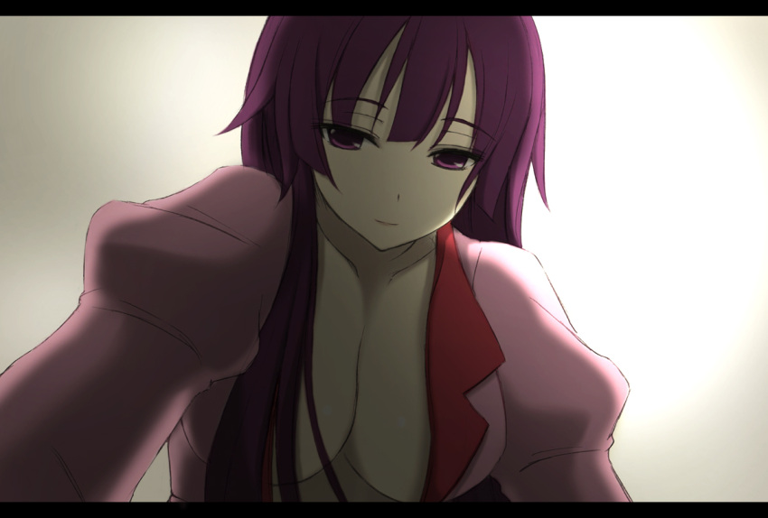 bakemonogatari breasts cleavage commentary_request female large_breasts letterboxed long_hair monogatari_(series) naoetsu_high_school_uniform no_bra open_clothes open_shirt photoshop_(medium) purple_eyes purple_hair school_uniform senjougahara_hitagi shirt solo wakame