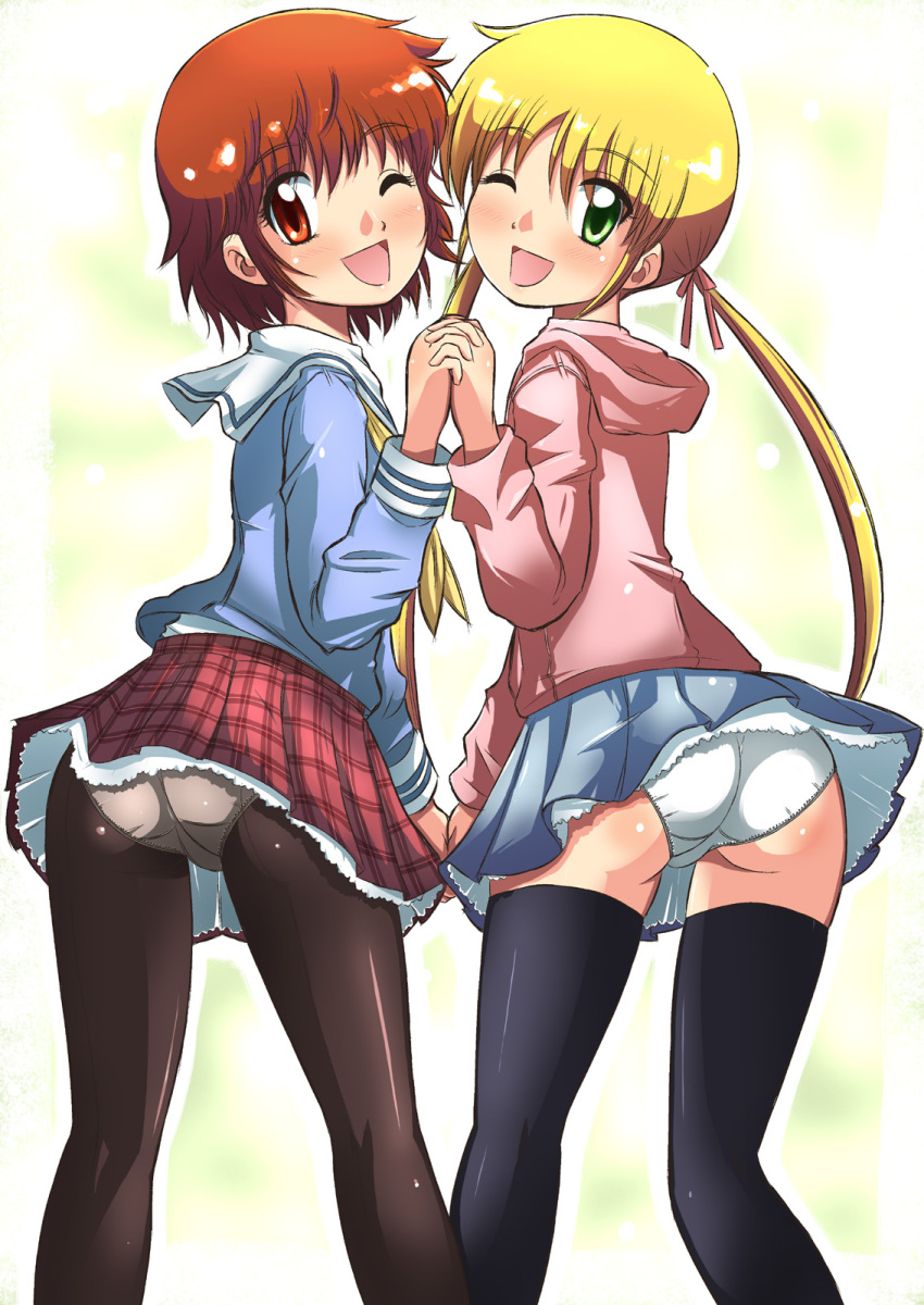 2girls 4040_(abonriya) akashi_kaoru ass back black_thighhighs blonde_hair blush commentary_request company_connection crossover from_behind green_eyes hair_ribbon hayate_no_gotoku! highres holding_hands hood hoodie interlocked_fingers long_hair looking_at_viewer looking_back miniskirt multiple_girls one_eye_closed panties panties_under_pantyhose pantyhose petticoat photoshop_(medium) plaid plaid_skirt red_eyes red_hair ribbon sanzen'in_nagi school_uniform serafuku short_hair shounen_sunday skirt smile standing symmetrical_hand_pose thighhighs twintails underwear white_panties zettai_karen_children