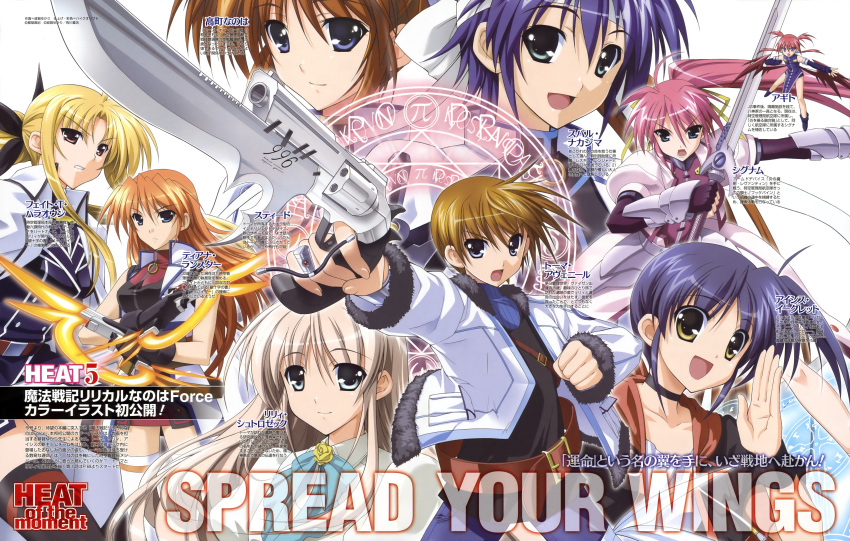 1boy 6+girls absurdres agito_(nanoha) armor bardiche_(nanoha) belt blonde_hair blue_eyes brown_hair buckle cape coat cross_mirage dual_wielding ec_divider_code-996 energy_blade fate_testarossa fingerless_gloves fur_trim gauntlets gloves green_eyes gun gunblade handgun headband higa_yukari highres holding holding_gun holding_weapon isis_egret jacket laevatein_(nanoha) light_brown_hair lily-strosek long_hair lyrical_nanoha magic_circle magical_girl mahou_senki_lyrical_nanoha_force mini_person minigirl multiple_girls nyantype open_clothes open_jacket open_mouth orange_hair partially_translated pink_hair ponytail purple_eyes purple_hair red_eyes red_hair short_hair signum skirt smile steed_(nanoha) subaru_nakajima sword takamachi_nanoha teana_lanster thighhighs thoma_avenir translation_request trigger_discipline waist_cape weapon wings yellow_eyes zettai_ryouiki