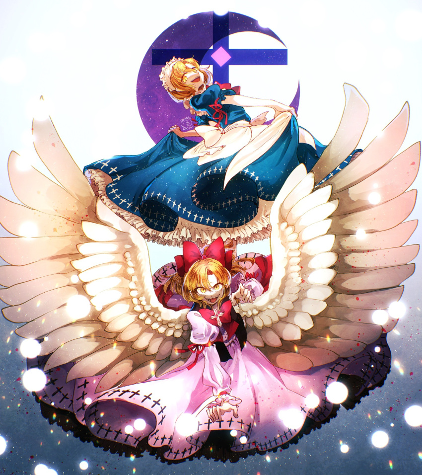 2girls :d apron arm_garter arm_ribbon bad_id bad_pixiv_id black_vest blonde_hair blood blood_splatter blue_background blue_dress bow bowtie circle commentary_request crescent cross cross_necklace cross_print danmaku dated diffraction_spikes dress evil_eyes evil_smile feathered_wings floating_hair frilled_apron frilled_dress frilled_skirt frilled_sleeves frills full_body gengetsu_(touhou) gradient_background hair_intakes hairbow hand_up highres jewelry juliet_sleeves large_bow light_particles long_sleeves looking_at_viewer looking_back looking_down maid_headdress medium_hair mugetsu_(touhou) multiple_girls necklace open_mouth outstretched_arm outstretched_hand parted_bangs petticoat pink_dress puffy_sleeves rainbow red_bow red_bowtie red_ribbon ribbon sash short_hair siblings sidelocks signature sisters skirt skirt_hold smile smug sparks spread_wings teeth tongue touhou touhou_(pc-98) v-shaped_eyebrows vest waist_apron white_apron white_background white_bow white_wings wings yellow_eyes yukkyon_kyon