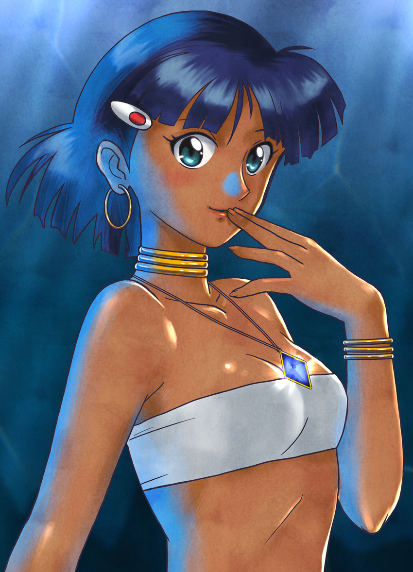 bandeau bare_shoulders black_hair blue_gemstone blue_hair bob_cut bracelet breasts commentary dark-skinned_female dark_skin earrings female fingers_to_mouth fushigi_no_umi_no_nadia gem gold_bracelet green_eyes green_hair hair_ornament hairclip highres hoop_earrings jewelry lips maruyama_musashi nadia_la_arwall neck_ring necklace pendant revision short_hair simple_background small_breasts solo strapless tube_top upper_body