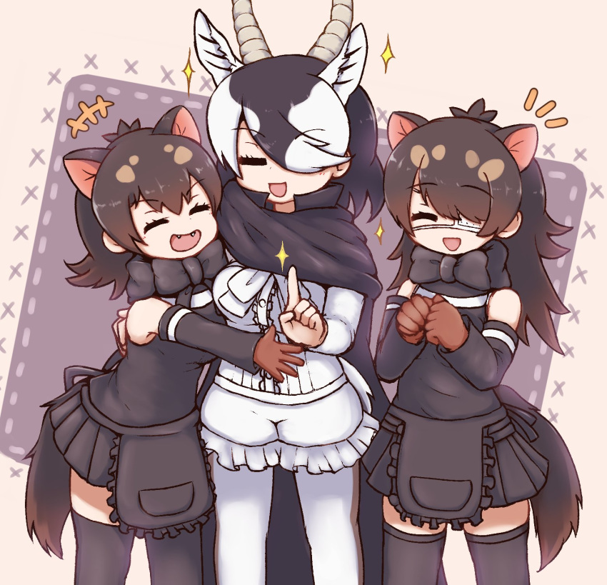 3girls :d =_= ^_^ animal_ears aticotta australian_devil_(kemono_friends) bare_shoulders batten_japari_dan blackbuck_(kemono_friends) bow bowtie closed_eyes commentary_request elbow_gloves eyepatch fangs gloves gradient_hair highres horns kemono_friends kemono_friends_3 long_hair multicolored_hair multiple_girls open_mouth pantyhose short_hair smile sparkle tasmanian_devil_(kemono_friends) tasmanian_devil_ears tasmanian_devil_tail thighhighs