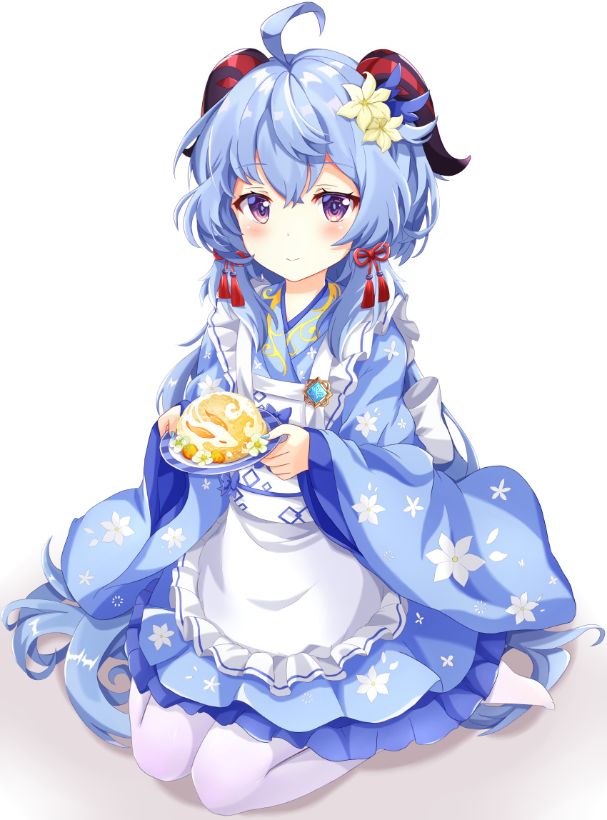 absurdres ahoge alternate_costume apron blue_hair blue_kimono blush commentary_request female flower food full_body ganyu_(genshin_impact) genshin_impact hair_ornament hairclip highres holding holding_food horns japanese_clothes kimono long_hair looking_at_viewer pantyhose partial_commentary prosperous_peace_(genshin_impact) purple_eyes seiza sitting smile solo tassel vision_(genshin_impact) white_background white_flower white_pantyhose yuki_kokoro