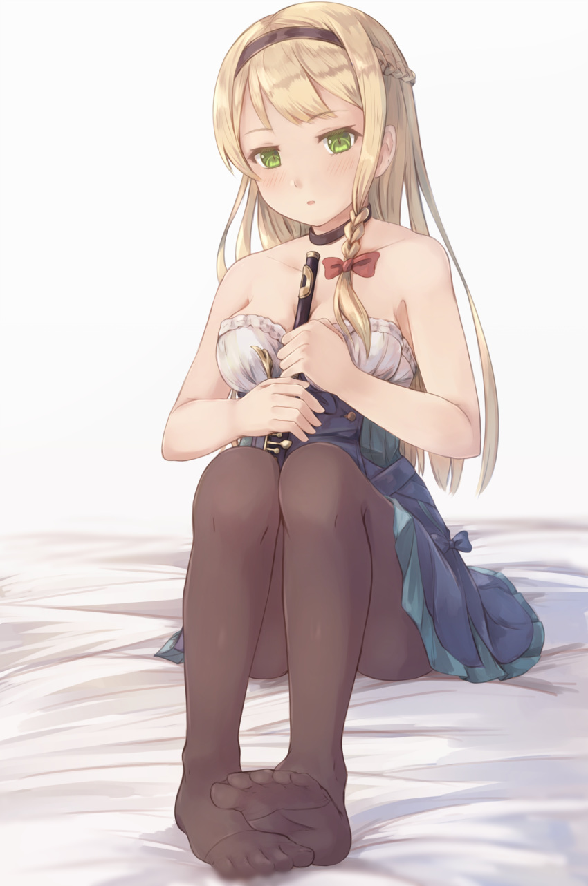 atelier_(series) atelier_ryza atelier_ryza_1 bare_arms bare_shoulders bed_sheet between_breasts black_choker black_hairband blue_bow blue_skirt blush bow braid breasts brown_pantyhose choker commentary feet female flute full_body green_eyes grey_background hairband hairbow highres hikari_niji holding holding_instrument instrument klaudia_valentz legs light_brown_hair long_hair medium_breasts no_shoes pantyhose parted_lips pleated_skirt red_bow sitting skirt soles solo strapless very_long_hair