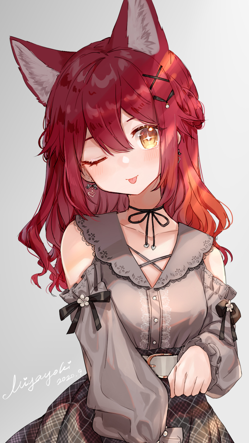 +_- ;p animal_ears bare_shoulders belt breasts clothing_cutout collared_shirt dress_shirt earrings extra_ears female fox_ears fox_girl frilled_sleeves frills grey_shirt hair_ornament heart heart_earrings high-waist_skirt highres jewelry long_hair long_sleeves medium_breasts miyayoki one_eye_closed original plaid plaid_skirt puffy_long_sleeves puffy_sleeves red_hair sakura_soyoru_(miyayoki) shirt shoulder_cutout skirt smile string_choker tongue tongue_out x_hair_ornament yellow_eyes