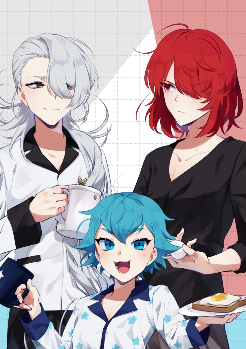 3boys absurdres bishounen_series black_shirt blue_hair collarbone cup elulit2 eyes_visible_through_hair fang_out fangs food fukuroi_mitsuru grey_eyes grey_hair hair_ornament hair_over_one_eye hairclip highres holding holding_cup holding_plate long_sleeves medium_hair multiple_boys oerba_yun_fang pajamas pajamas_pull plate red_eyes red_hair sakiguchi_nagahiro shirt short_hair soutouin_manabu star_(symbol) v-neck white_shirt