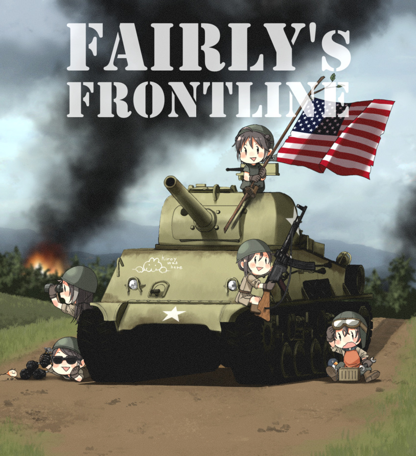 5girls adapted_uniform american_flag anachronism annin_musou apron assault_rifle bad_id bad_pixiv_id binoculars blush blush_stickers boots branch browning_m2 chibi cover cover_page doujin_cover encyclopedia_caterpillar english_text engrish_text explosive failure_penguin fairy_(kancolle) fire flag forest gloves goggles goggles_on_headwear grass grenade gun hand_on_own_cheek hand_on_own_face hand_on_own_head heavy_machine_gun helmet highres hill kantai_collection kilroy_was_here long_hair looking_afar looking_at_viewer looking_to_the_side lying m4_sherman machine_gun military military_uniform military_vehicle motor_vehicle multiple_girls nature on_stomach outdoors ranguage rifle road sidelocks sitting skirt sky sleeves_rolled_up smoke stg44 sunglasses tank triangle_mouth uniform war wavy_mouth weapon world_war_ii wrench