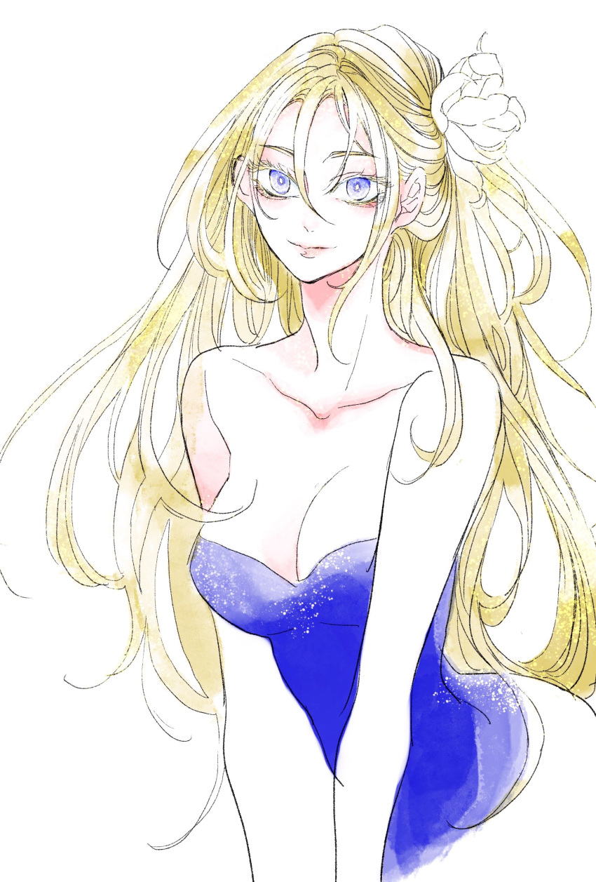 absurdres blonde_hair blue_eyes breasts closed_mouth dress female flower gensou_suikoden gensou_suikoden_i hair_flower hair_ornament highres long_hair looking_at_viewer mina_(suikoden) simple_background smile solo suma white_background white_flower