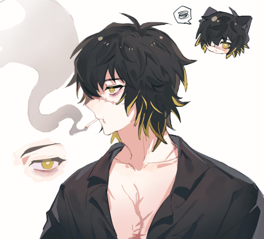 1boy animal_ears black_shirt cat_ears chibi hair_over_one_eye highres male_focus medium_hair messy_hair mouth_hold multiple_views nocolour scar scar_on_chest scar_on_face shirt simple_background slow_damage smoking spoken_squiggle squiggle towa_(slow_damage) upper_body white_background yellow_eyes