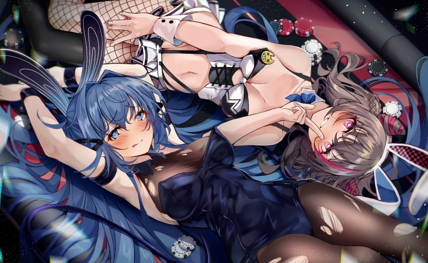 2girls animal_ears aqua_nails armpits azur_lane badge bare_shoulders black_leotard blue_eyes blue_hair blue_leotard blush bodystocking bow bowtie braid breasts button_badge cleavage crossed_bangs detached_collar fake_animal_ears finger_to_mouth fishnet_pantyhose fishnets grey_hair grin hair_between_eyes hair_ribbon heart heart-shaped_pupils heaven's_melody highres large_breasts leotard long_hair looking_at_viewer lying midriff miniskirt mixed-language_commentary multicolored_hair multiple_girls navel new_jersey_(azur_lane) new_jersey_(exhilarating_steps!)_(azur_lane) official_alternate_costume on_back pantyhose playboy_bunny pleated_skirt poker_chip purple_eyes rabbit_ears red_hair ribbon san_francisco_(azur_lane) san_francisco_(funny_bunny!)_(azur_lane) see-through see-through_cleavage sidelocks skirt smile strapless strapless_leotard streaked_hair suspender_skirt suspenders symbol-shaped_pupils teeth torn_bodystocking torn_clothes twintails very_long_hair white_skirt wrist_cuffs