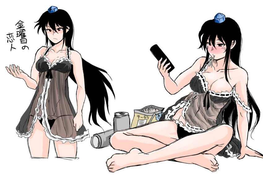 barefoot black_hair blue_hat blush breasts commentary_request female hair_between_eyes hat iizunamaru_megumu lingerie long_hair navel negligee opagi panties pointy_ears red_eyes see-through solo tokin_hat touhou translation_request underwear