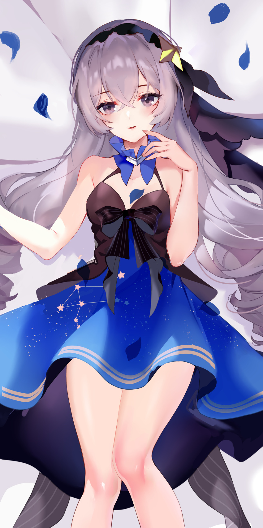 absurdres bad_id bad_pixiv_id bare_arms bare_shoulders black_bow bow bronya_zaychik bronya_zaychik_(herrscher_of_reason) chinese_commentary commentary_request constellation_costume crossed_bangs detached_collar dress drill_hair female grey_eyes grey_hair hair_ornament highres honkai_(series) honkai_impact_3rd lying mie_xing multicolored_clothes multicolored_dress on_back parted_lips partial_commentary petals sleeveless sleeveless_dress solo