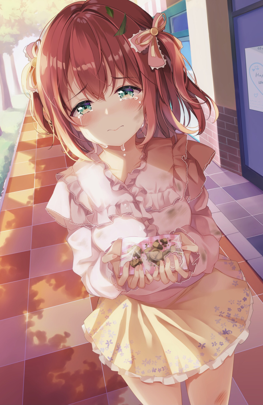 blue_eyes blush chocolate collarbone commentary crossed_bangs crying crying_with_eyes_open depe dirty dirty_clothes double-parted_bangs female food frilled_skirt frills hair_ribbon highres holding holding_chocolate holding_food kurosawa_ruby leaf long_sleeves looking_at_viewer love_live! love_live!_sunshine!! medium_hair outdoors pink_nails pink_ribbon pink_shirt red_hair ribbon shirt sidelocks skirt solo tears tile_floor tiles tree two_side_up valentine yellow_skirt