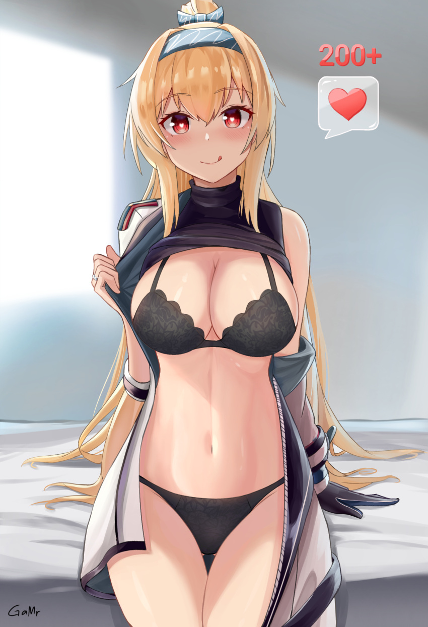 :p blonde_hair blush bolt_action bra breasts cowboy_shot female gamryous girls'_frontline gun hair_between_eyes hairband high_ponytail highres large_breasts long_hair navel panties partially_undressed red_eyes rifle sidelocks sniper_rifle solo sv-98 sv-98_(girls'_frontline) sv-98_(mod3)_(girls'_frontline) tongue tongue_out underwear very_long_hair weapon