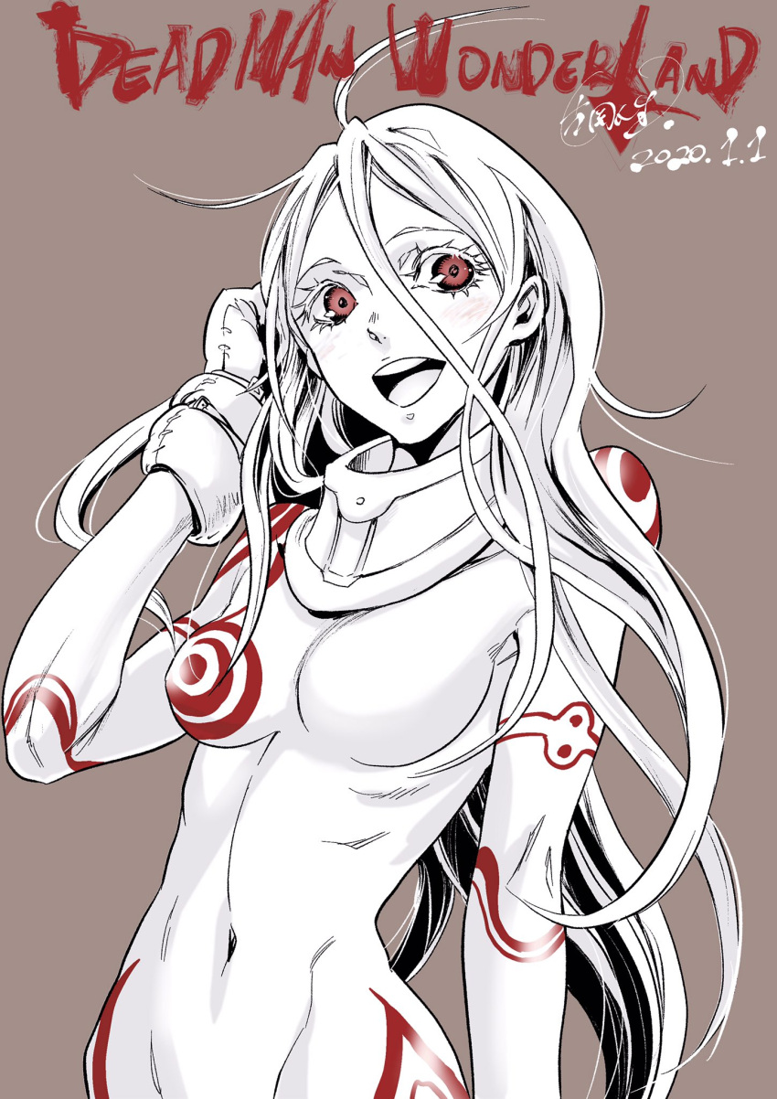 :d ahoge albino bodysuit breasts collar colored_eyelashes commentary copyright_name dated deadman_wonderland female gloves highres kataoka_jinsei long_hair looking_at_viewer mittens navel open_mouth red_eyes shiro_(deadman_wonderland) simple_background skin_tight smile solo very_long_hair white_hair