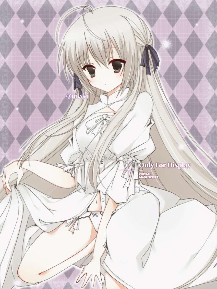 antenna_hair argyle_background bianxie_xiao_mao_tianshi black_ribbon bow bowtie closed_mouth dress female grey_eyes grey_hair hair_ribbon highres kasugano_sora long_hair looking_at_viewer open_clothes open_dress panties puffy_short_sleeves puffy_sleeves ribbon short_sleeves sidelocks sitting solo underwear very_long_hair wariza white_bow white_bowtie white_dress white_hair white_panties yosuga_no_sora