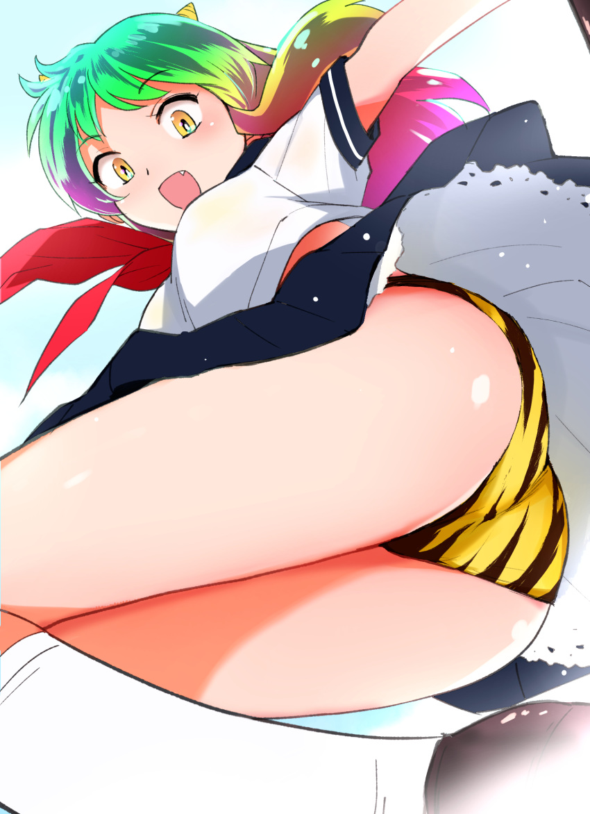 animal_print ass clothes_lift female highres looking_at_viewer lum multicolored_hair oni open_mouth school_uniform skirt skirt_lift smile solo takahashi_rumiko_(style) tanaka_yutaka thighs tiger_print urusei_yatsura yellow_eyes