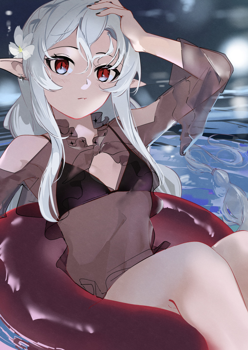 absurdres ao_oni_(onioni-aoi) arknights bare_shoulders bikini bikini_under_clothes black_bikini black_nails blush clothing_cutout dress feet_out_of_frame female flower grey_hair hair_between_eyes hair_flower hair_ornament highres inflatable_toy long_hair long_sleeves looking_at_viewer official_alternate_costume pointy_ears red_eyes see-through see-through_shirt shirt shoulder_cutout solo swimsuit swimsuit_cover-up vampire warfarin_(arknights) warfarin_(casual_vacation)_(arknights) water white_flower white_hair