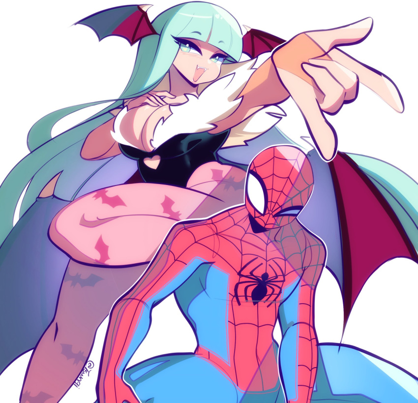 1boy animal_print bat_print bat_wings blue_bodysuit bodysuit bridal_gauntlets capcom clothing_cutout demon_girl female fur-trimmed_leotard fur_trim head_wings heart_cutout highres imitating leotard low_wings marvel marvel_vs._capcom morrigan_aensland pantyhose print_bodysuit print_pantyhose purple_pantyhose purple_wings red_bodysuit smile spider-man spider-man_(series) spider_print spider_web_print superhero_costume teamwork tsunqi two-tone_bodysuit vampire_(game) wings