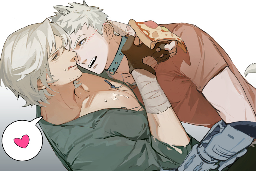 2boys absurdres animal_collar animal_ears bara bishounen collar dante_(devil_may_cry) devil_may_cry_(series) devil_may_cry_5 dog_boy dog_ears eyelashes facial_hair fingerless_gloves fo_san_da_can_shi food gloves highres holding holding_food holding_pizza large_pectorals licking_lips male_focus multiple_boys muscular muscular_male nero_(devil_may_cry) oerba_yun_fang pectoral_cleavage pectorals pizza tongue tongue_out uncle_and_nephew upper_body white_hair