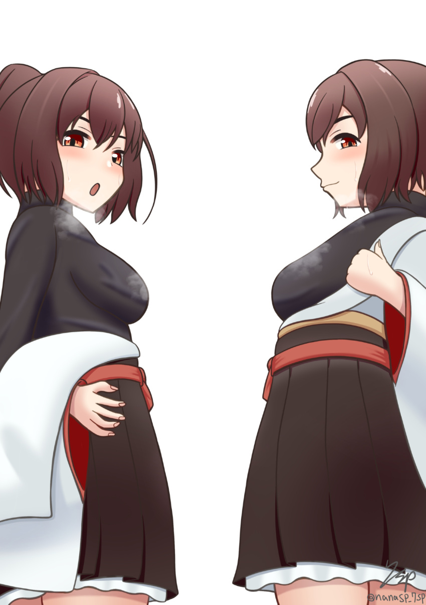 black_shirt breasts brown_hair brown_hakama cowboy_shot hakama hakama_skirt highres hyuuga_(kancolle) hyuuga_kai_ni_(kancolle) ise_(kancolle) ise_kai_ni_(kancolle) japanese_clothes kantai_collection medium_breasts miniskirt nanasp_7sp open_mouth ponytail red_eyes shirt short_hair simple_background skirt undershirt undressing white_background