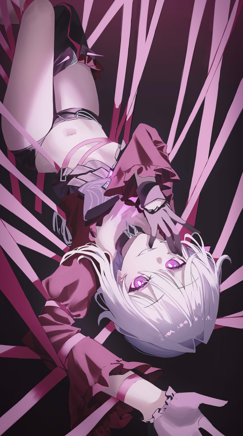 absurdres bright_pupils chest_bow choker female gloves hair_between_eyes hair_intakes hand_on_own_face highres honkai_(series) honkai_impact_3rd hyume_26 long_hair navel open_mouth pink_eyes red_shirt shirt teeth thelema_(honkai_impact) white_hair white_pupils