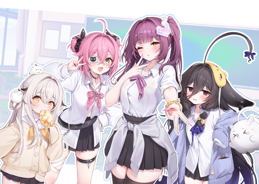 4girls ;o ahoge alternate_costume azur_lane belt black_hair black_skirt black_thighhighs blue_cardigan blush bow bowtie bread breasts cardigan cardigan_around_waist classroom cleavage clothes_around_waist commentary devonshire_(azur_lane) double_bun eyepatch fei_yuen_(azur_lane) fingernails food grey_cardigan gyaru hair_between_eyes hair_bun hair_ribbon highres huge_ahoge indoors kogal long_hair_between_eyes looking_at_viewer loose_belt loose_bowtie manjuu_(azur_lane) mask mask_on_head melon_bread multiple_girls nail_polish nys one_eye_closed one_side_up open_collar outline pink_bow pink_bowtie pink_hair pleated_skirt purple_hair ribbon school_uniform shirt skirt sleep_mask sleeves_past_fingers sleeves_past_wrists symbol-only_commentary thighhighs w white_hair white_outline white_shirt whydah_(azur_lane) yellow_cardigan z43_(azur_lane)