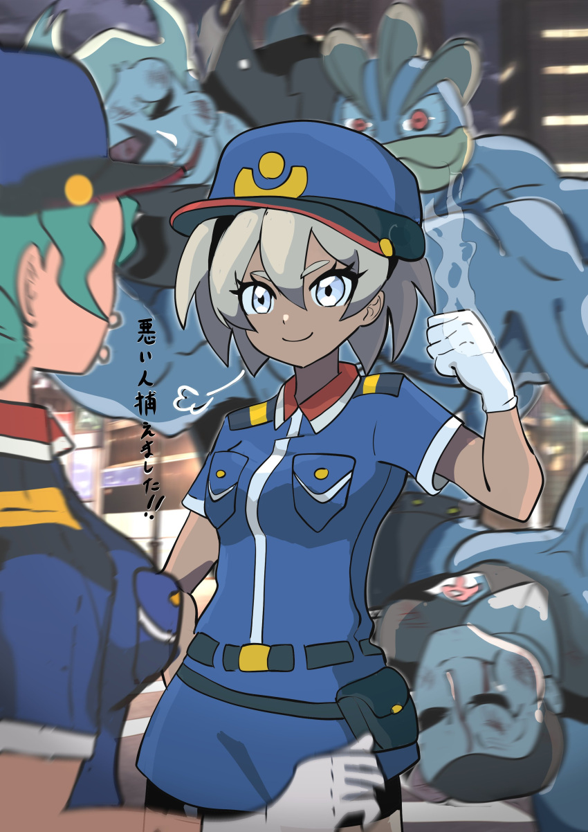 2boys absurdres bea_(pokemon) black_hair breasts dark-skinned_female dark_skin ghetsis_(pokemon) giovanni_(pokemon) gloves green_hair grey_eyes grey_hair hair_between_eyes hat highres holding injury jenny_(pokemon) long_hair long_sleeves machamp makademia multiple_boys multiple_girls open_mouth pokemon pokemon_(anime) pokemon_bw pokemon_swsh police police_hat police_uniform policewoman shirt short_hair smile team_plasma team_rocket uniform white_gloves