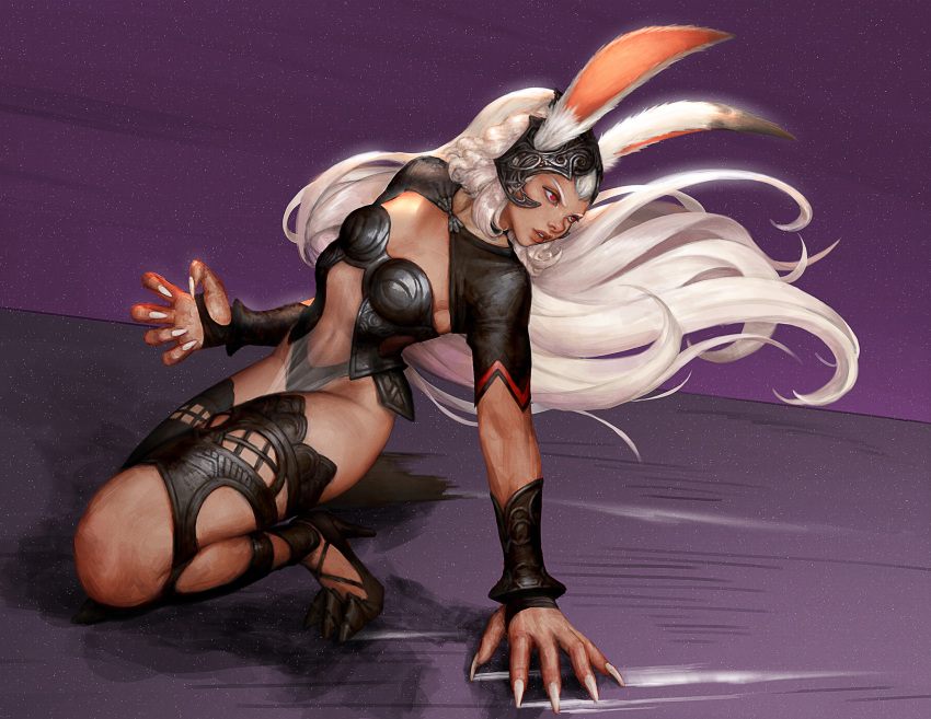 animal_ears armlet bracelet claws dorkartist female final_fantasy final_fantasy_xii fran_(ff12) full_body highres jewelry long_hair looking_to_the_side navel rabbit_ears red_eyes solo tan white_hair