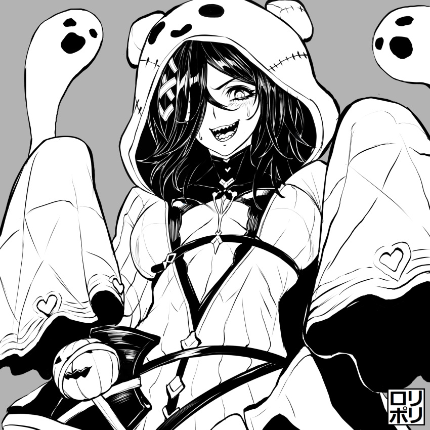 breasts female granblue_fantasy greyscale hair_over_one_eye halloween highres hood hoodie jamrolypoly lich_(granblue_fantasy) looking_at_viewer medium_breasts medium_hair monochrome open_mouth sleeves_past_wrists smile solo tagme teeth