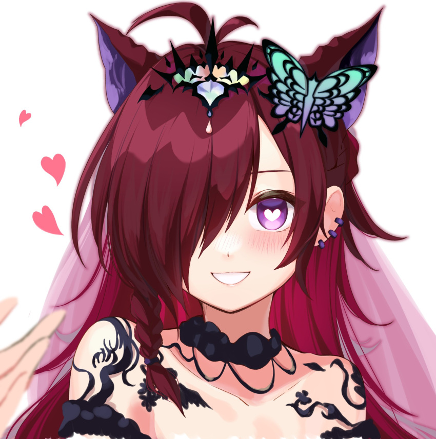 aisu_(i_ce_pinon_pino) animal_ears antenna_hair bare_shoulders black_choker blush bright_pupils choker female heart heart-shaped_pupils highres off-shoulder_shirt off_shoulder portrait purple_eyes puzzle_&_dragons red_hair roche_(p&d) shirt simple_background solo symbol-shaped_pupils white_background white_pupils