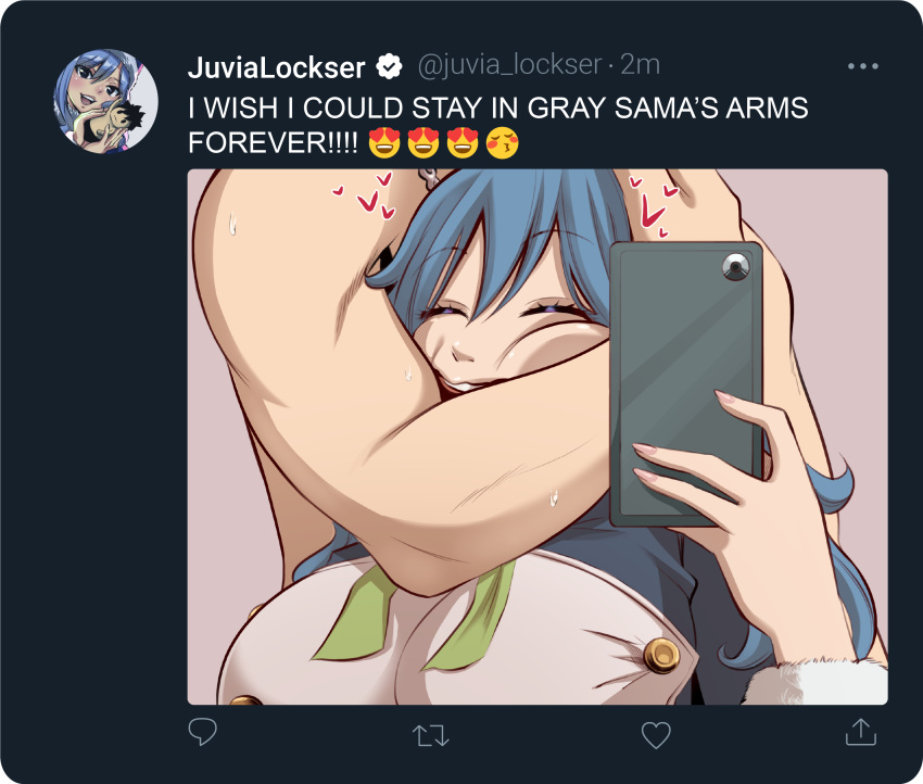 1boy :d absurdres blue_hair breasts character_name english_text fairy_tail female flexing_around_head_(meme) fur_bracelet gray_fullbuster grey_background happy heart highres holding holding_phone joshdinobarney juvia_lockser large_breasts long_hair long_sleeves meme muscular muscular_male phone selfie simple_background smile twitter twitter_screenshot twitter_username upper_body