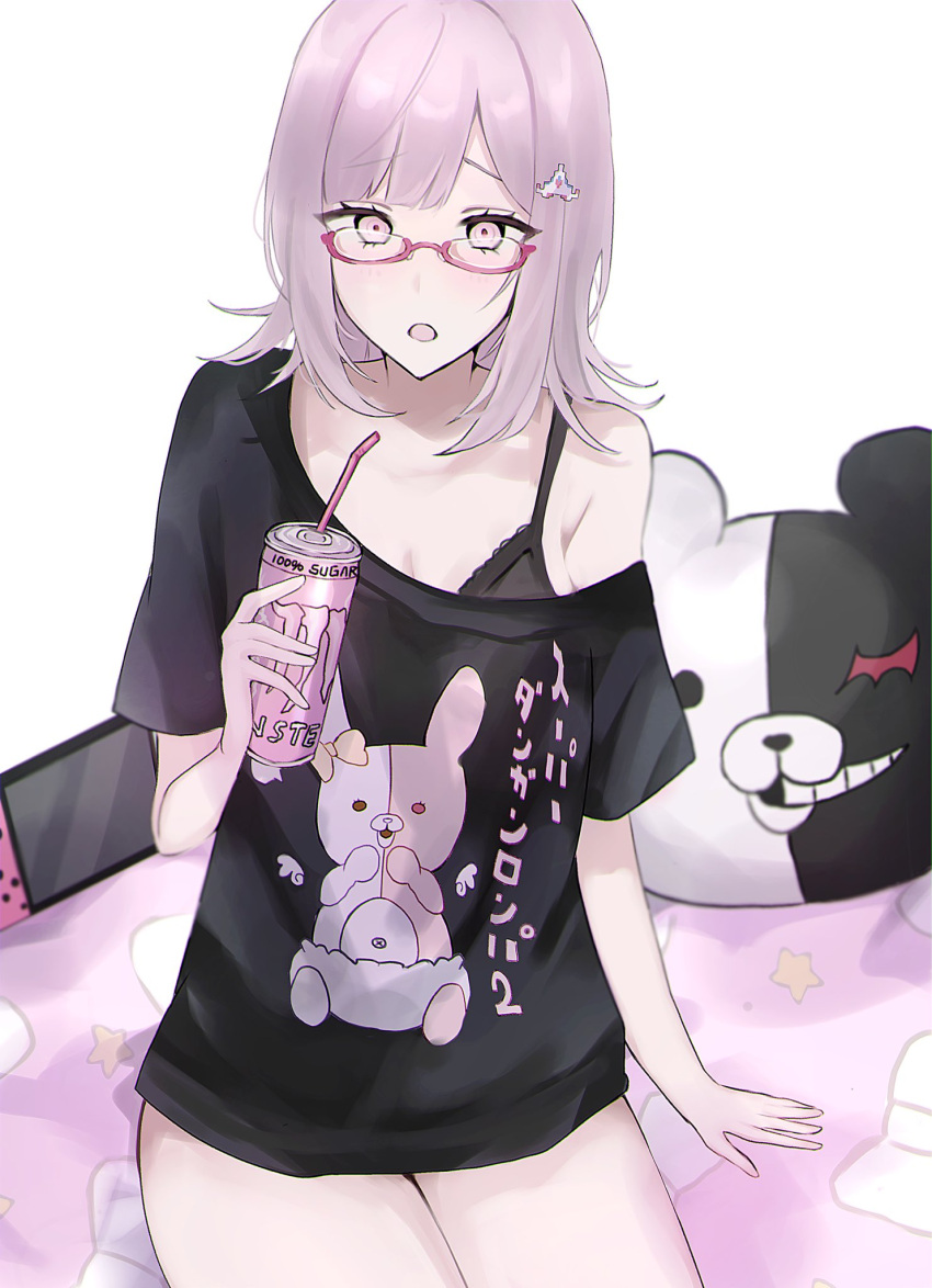 :o arm_support black_shirt blunt_bangs blush closed_eyes danganronpa_(series) danganronpa_2:_goodbye_despair facing_viewer female galaga glasses grey_background hair_ornament highres medium_hair monokuma monomi_(danganronpa) monster_energy nanami_chiaki nintendo_switch portrait semi-rimless_eyewear shima_(fm_90mhz) shirt single_bare_shoulder sitting solo upper_body