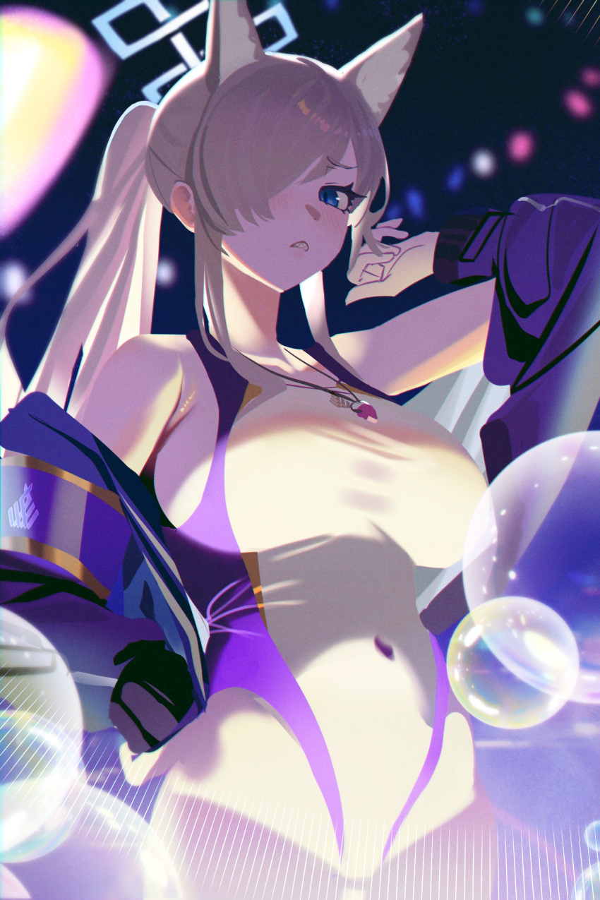 absurdres animal_ears blonde_hair blue_archive blue_eyes blue_halo blue_jacket blush breasts clenched_teeth competition_swimsuit covered_navel cowboy_shot dog_ears extra_ears female hair_over_one_eye halo highres jacket jiki_(gkdlfnzo1245) kanna_(blue_archive) kanna_(swimsuit)_(blue_archive) large_breasts long_hair long_sleeves one-piece_swimsuit open_clothes open_jacket solo swimsuit teeth valkyrie_police_academy_swimsuit whistle whistle_around_neck white_one-piece_swimsuit