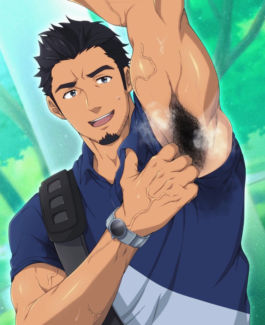 1boy absurdres arm_up armpit_focus armpit_hair armpits bara biceps black_hair excessive_armpit_hair facial_hair goatee highres kurazon_(climb_zombie) makio_nakano male_focus manly muscular muscular_male neko_ga_kureta_maarui_shiawase open_mouth presenting_armpit shirt solo stained_clothes sweat sweat_stain sweaty_armpits thick_eyebrows upper_body veins veiny_arms veiny_hands watch wristwatch