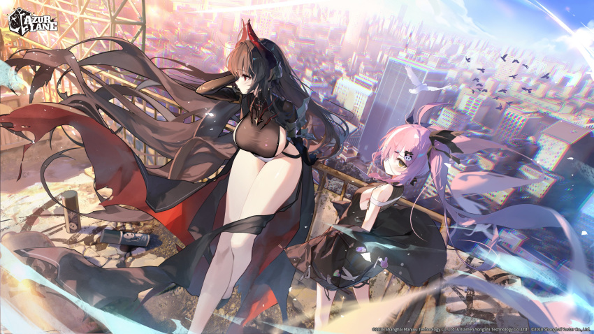 2girls absurdres ahoge alvitr_(azur_lane) animal azur_lane bad_anatomy bare_shoulders bird blue_sky blush breasts brown_hair building city closed_mouth commentary_request company_connection company_name copyright_name cross elbow_gloves eyepatch ggoc_ill gloves gradient_sky hair_ornament hairclip highleg highleg_leotard highres horns iron_cross jacket large_breasts leotard logo long_hair looking_at_viewer multiple_girls off_shoulder official_art outdoors pink_hair railing red_eyes shiny_skin sky sleeveless thighs twintails yellow_eyes z47_(azur_lane)