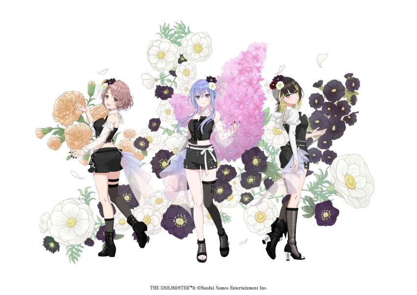 3girls asymmetrical_footwear asymmetrical_sidelocks asymmetrical_sleeves bare_shoulders black_hair black_nails blonde_hair blue_hair bow breasts brown_hair closed_mouth cometik_(idolmaster) company_name copyright_name cross-laced_clothes cross-laced_top detached_collar detached_sleeves earrings expressionless flower hair_between_eyes hair_flower hair_ornament high_heels idolmaster idolmaster_shiny_colors idolmaster_shiny_colors_song_for_prism ikaruga_luca ikuta_haruki jewelry long_hair long_sleeves looking_at_viewer looking_back magic_hour_offering_(idolmaster) medium_breasts mismatched_footwear mismatched_sleeves multicolored_hair multiple_girls official_art open_mouth orange_flower petals pink_flower puffy_long_sleeves puffy_sleeves purple_eyes ribbon sandals see-through see-through_sleeves short_hair shorts sidelocks simple_background single_thighhigh smile streaked_hair suzuki_hana thighhighs uneven_sleeves white_background white_flower yellow_eyes