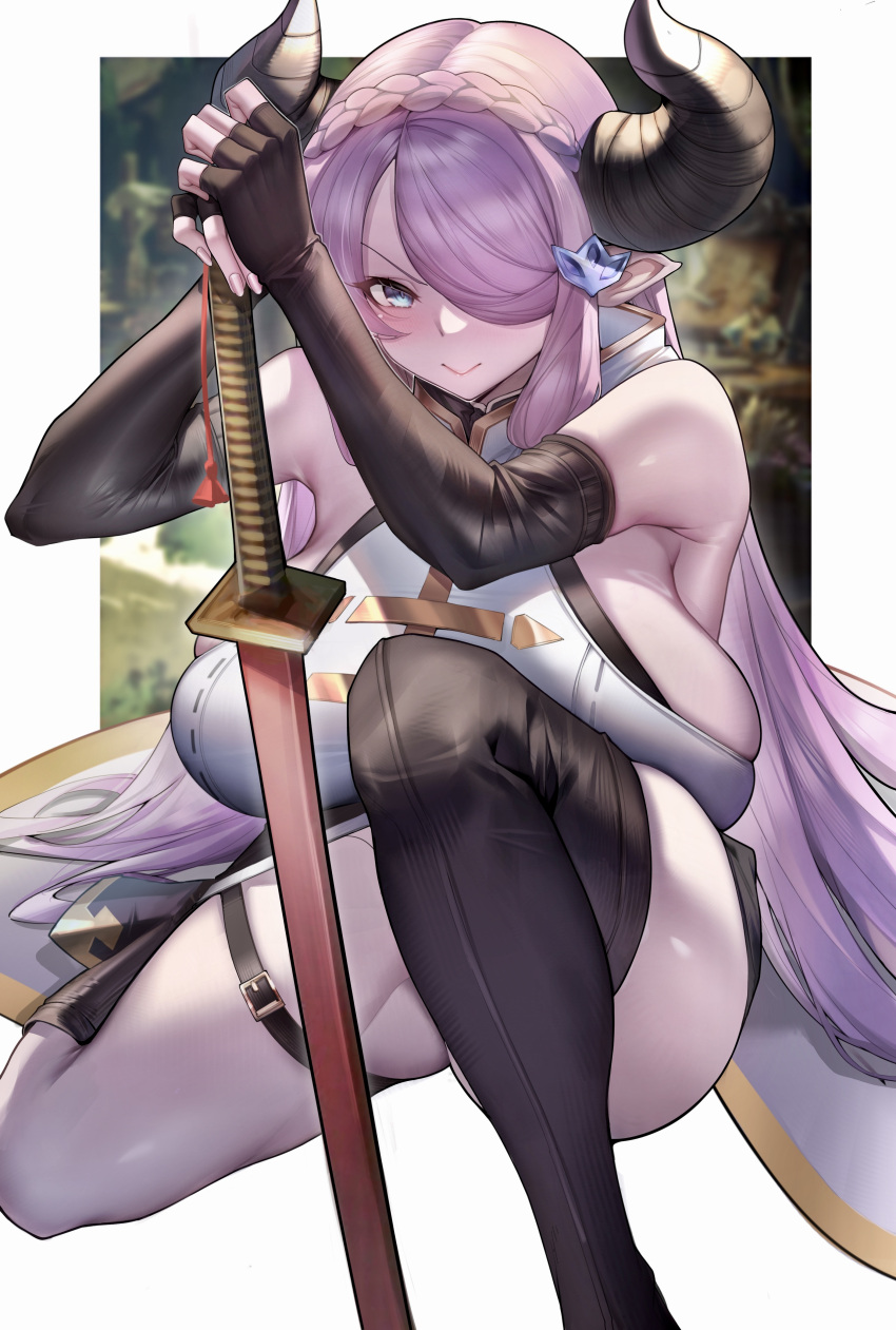 absurdres asymmetrical_legwear bare_shoulders blue_eyes breasts female fingerless_gloves gloves granblue_fantasy hair_over_one_eye highres horns huge_breasts jihua_tong large_breasts long_hair narmaya_(granblue_fantasy) pink_hair pointy_ears solo thigh_strap thighs very_long_hair