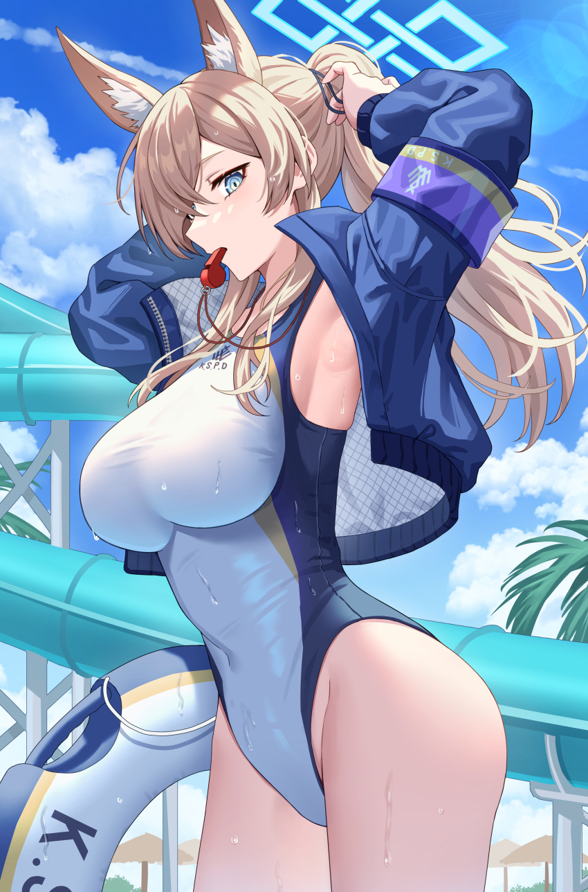 absurdres adjusting_hair animal_ear_fluff animal_ears blonde_hair blue_archive blue_eyes blue_halo blue_jacket commentary competition_swimsuit covered_navel cowboy_shot day dog_ears extra_ears female hair_over_one_eye halo highres jacket kanna_(blue_archive) kanna_(swimsuit)_(blue_archive) lifebuoy long_hair long_sleeves official_alternate_costume one-piece_swimsuit open_clothes open_jacket outdoors ponytail simoumi_217 solo swim_ring swimsuit valkyrie_police_academy_swimsuit white_one-piece_swimsuit