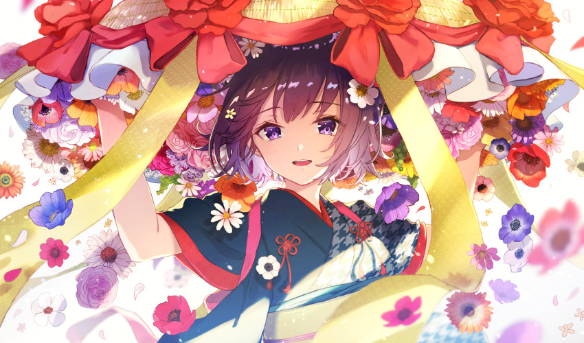 anemone_(flower) blue_flower blurry brown_flower colorful commentary_request daisy depth_of_field female flower flower_request food fruit grapes hair_flower hair_ornament hands_on_headwear hands_up hat hat_flower hat_ribbon highres japanese_clothes kimono kusaka_kou large_hat looking_at_viewer obi original pansy petals pink_flower pink_pansy pink_rose poppy_(flower) purple_eyes purple_flower red_flower red_ribbon ribbon rose sash seigaiha shippou_(pattern) simple_background sleeves_pushed_up smile solo straw_hat tassel tasuki upper_body white_background white_flower yellow_flower