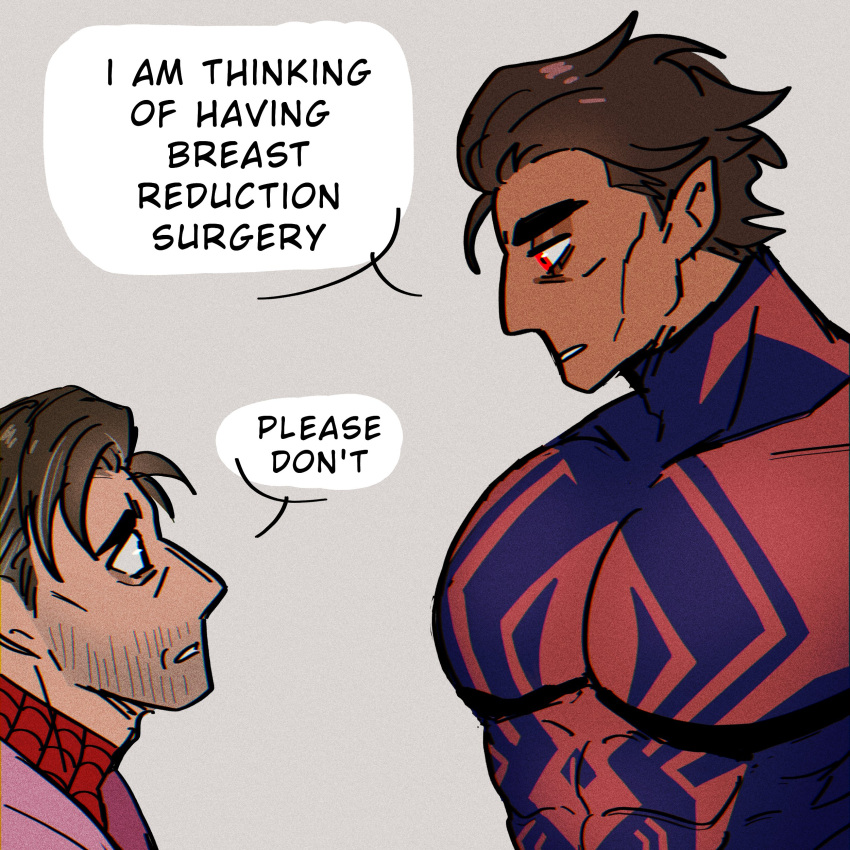 2boys absurdres bara beard_stubble blue_bodysuit bodysuit breast_reduction_surgery_(meme) brown_hair covered_abs dark-skinned_male dark_skin english_text facial_hair from_side furrowed_brow highres large_pectorals looking_at_pectorals male_focus marvel mature_male meme miguel_o'hara multiple_boys muscular muscular_male nakariiale pectorals peter_b_parker print_bodysuit red_bodysuit short_hair skin_tight speech_bubble spider-man:_across_the_spider-verse spider-man_(2099) spider-man_(series) spider-verse stubble thick_eyebrows two-tone_bodysuit upper_body yaoi