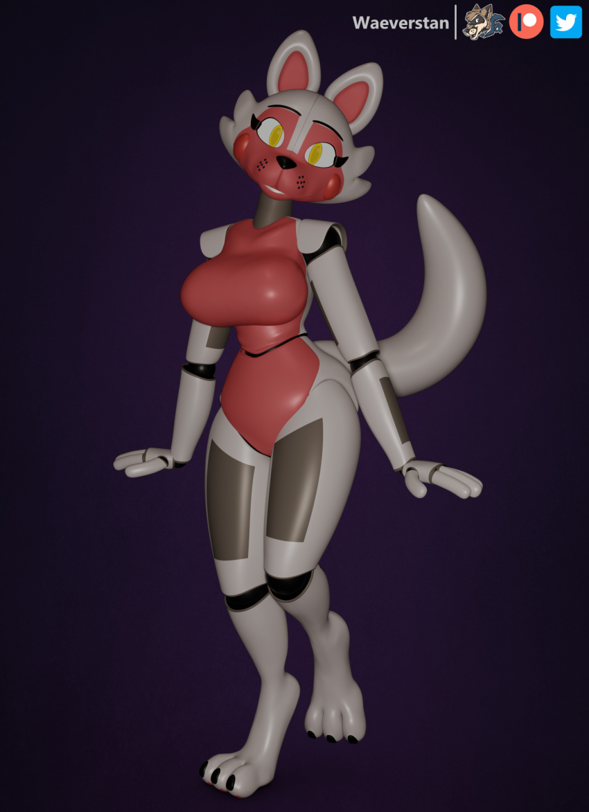 3_toes 3d_(artwork) animatronic anthro blender_(artwork) breasts canid canine digital_media_(artwork) eyelashes feet female five_nights_at_freddy's five_nights_at_freddy's_2 flapcats foxy_(fnaf) funtime_foxy_(fnaf) happy hi_res looking_at_viewer machine mammal mtf_crossgender paws pink_body pink_breasts purple_background robot robot_anthro rule_63 scottgames simple_background solo tail toes white_body white_tail