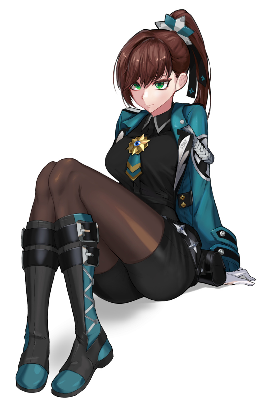 absurdres black_pantyhose black_shirt black_shorts black_survival blue_jacket boots breasts brown_hair collared_shirt commission female fiora_pellerin full_body gloves green_eyes hair_between_eyes hair_ornament highres jacket knees_up large_breasts long_hair obex117 official_alternate_costume open_clothes open_jacket pantyhose pantyhose_under_shorts pixiv_commission ponytail pouch shirt shorts simple_background sitting solo star_(symbol) white_background white_gloves