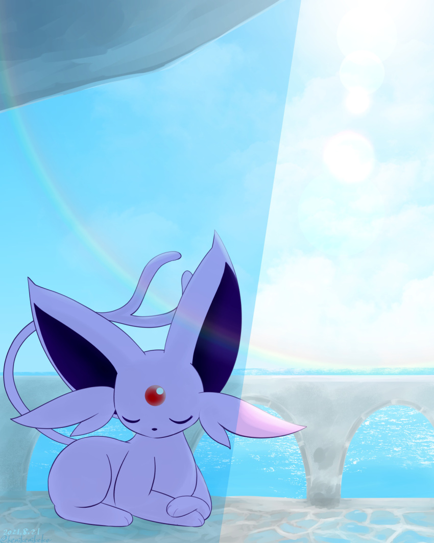 3_toes 4:5 ambiguous_gender barrier big_ears black_nose cheek_tuft closed_eyes cloud colored day detailed_background digital_media_(artwork) eeveelution espeon facial_tuft feet felid feline feral forehead_gem forked_tail full-length_portrait fur gem generation_2_pokemon hi_res kemono kenikenikeke light lighting mammal monotone_body monotone_fur monotone_tail nintendo outside paws pink_body pink_ears pink_fur pink_tail pokemon pokemon_(species) portrait purple_inner_ear quadruped railing rainbow rock sea seaside shaded shadow side_view sitting sky sleeping solo sunlight tail toes tuft unusual_anatomy unusual_tail water