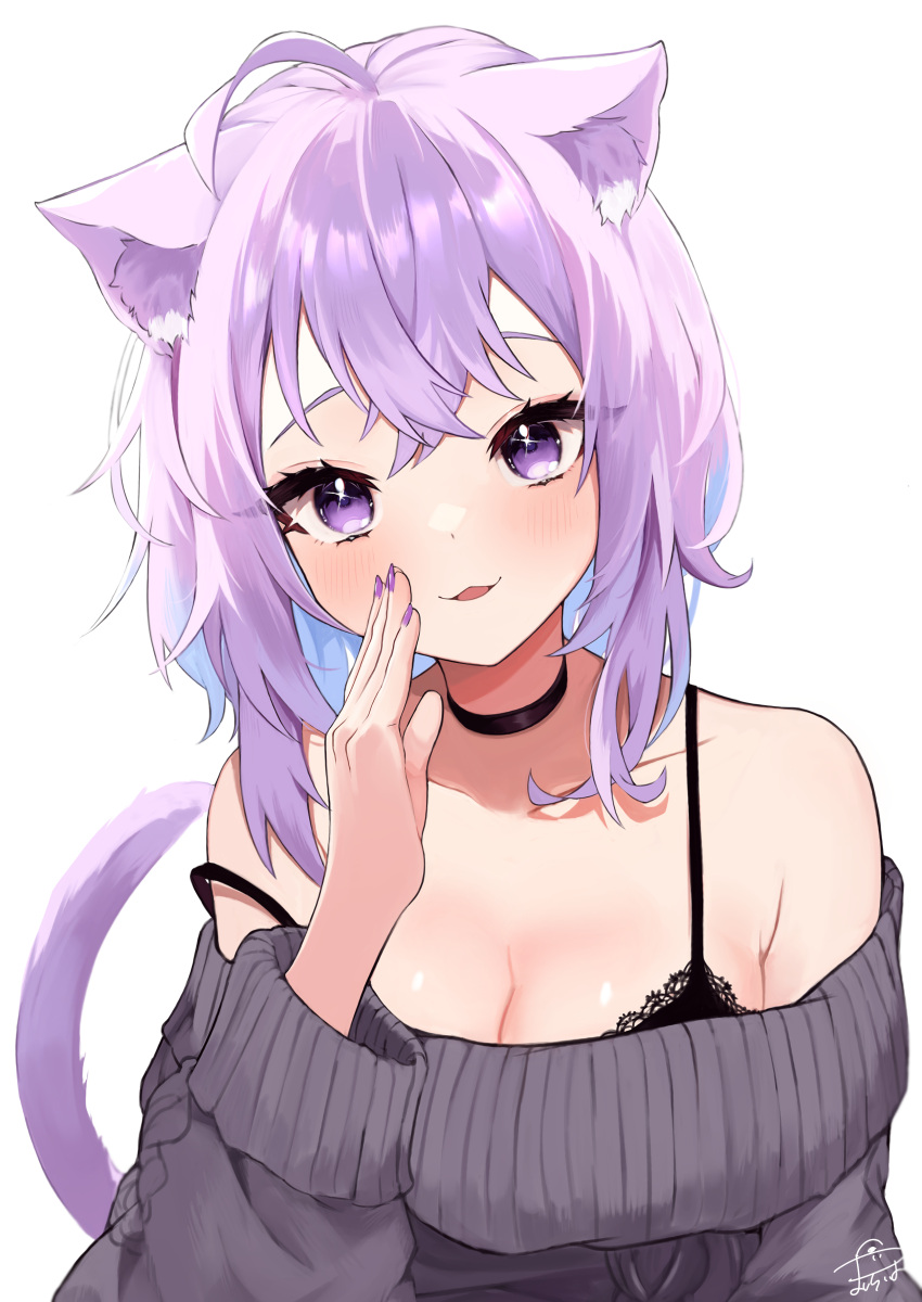 :3 absurdres ahoge alternate_costume animal_ear_fluff animal_ears aran_sweater black_bra black_choker blue_hair blush bra breasts cable_knit cat_ears cat_girl cat_tail choker cleavage collarbone colored_inner_hair crossed_bangs female grey_sweater hair_between_eyes highres hololive lace-trimmed_bra lace_trim large_breasts long_sleeves looking_at_viewer mashiro_io multicolored_hair nekomata_okayu off-shoulder_sweater off_shoulder open_mouth purple_eyes purple_hair purple_nails short_hair simple_background smile solo strap_slip sweater tail underwear upper_body virtual_youtuber white_background