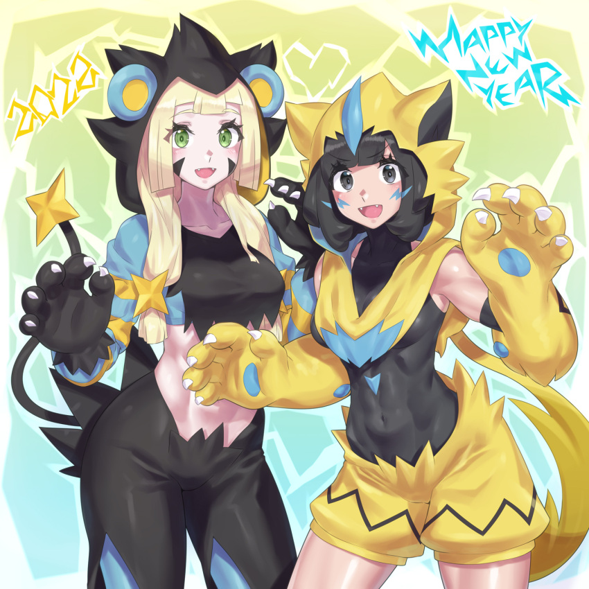 2022 2girls black_hair blonde_hair blunt_bangs braid chinese_zodiac cosplay covered_navel green_eyes happy_new_year highres hood hoodie lillie_(pokemon) long_hair luxray luxray_(cosplay) mizuumi_(bb) multiple_girls new_year pokemon pokemon_sm selene_(pokemon) short_hair skin_tight swept_bangs twin_braids year_of_the_tiger zeraora zeraora_(cosplay)