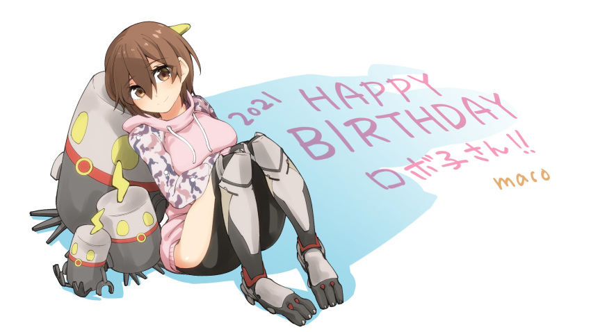 android breasts brown_hair female hair_behind_ear happy_birthday head_tilt highres hololive hood hoodie light_blush looking_at_viewer maco_(yamamac) mechanical_legs medium_breasts official_alternate_costume pink_hoodie roboco-san roboco-san_(hoodie) robosaa_(roboco) robot smile solo_focus virtual_youtuber