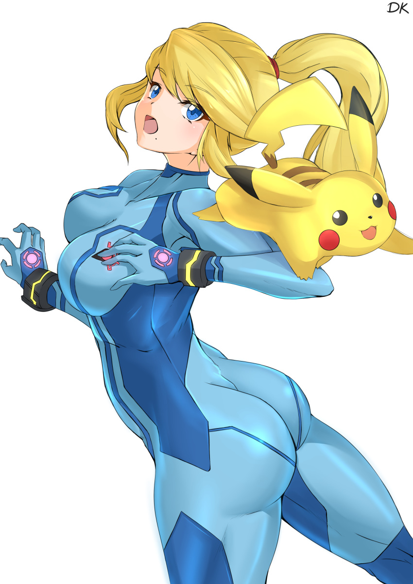 absurdres artist_name ass bad_id bad_pixiv_id blonde_hair blue_bodysuit blue_eyes bodysuit breasts commentary covered_navel deekei female from_side gloves hands_up high_ponytail highres large_breasts long_hair medium_breasts metroid mole mole_under_mouth open_mouth pikachu pokemon pokemon_(creature) ponytail samus_aran shiny_clothes signature simple_background skin_tight standing super_smash_bros. tied_hair white_background zero_suit