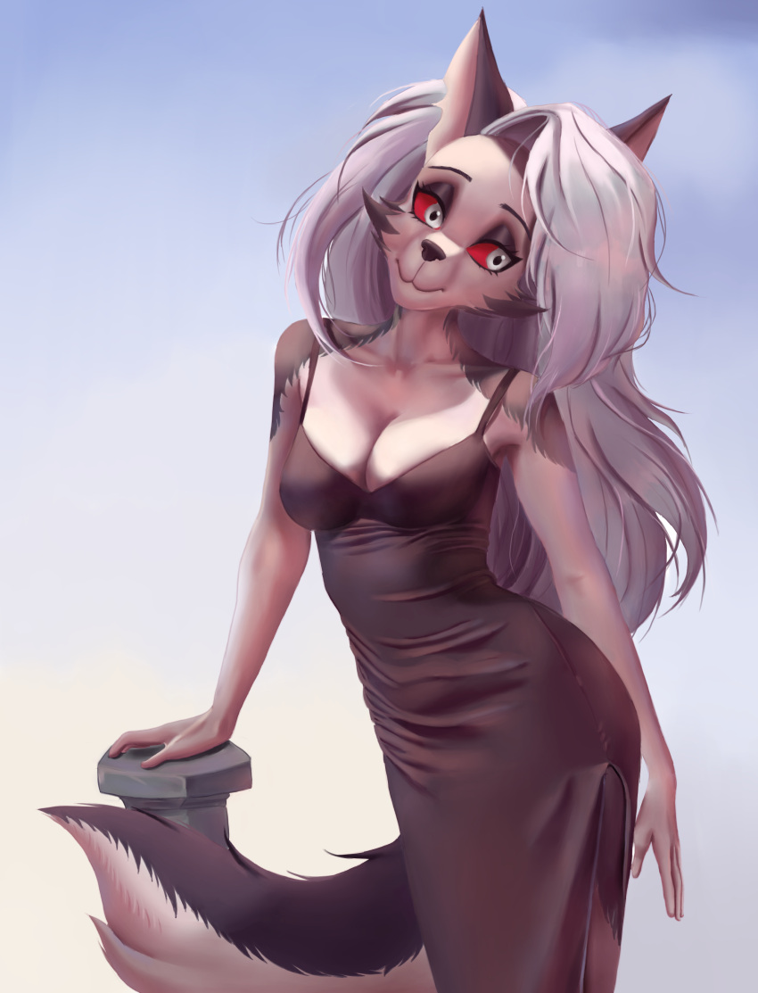 2022 absurd_res anthro black_body black_clothing black_dress black_fur black_nose breasts canid canid_demon canine canis cleavage clothed clothing demon demongirl_demoness digital_drawing_(artwork) digital_media_(artwork) dress eyebrows female fur grey_hair hair hellhound helluva_boss hi_res loona_(helluva_boss) mammal multicolored_body multicolored_fur mythological_canine mythological_creature mythology red_sclera shaded simple_background solo white_body white_eyes white_fur wolf